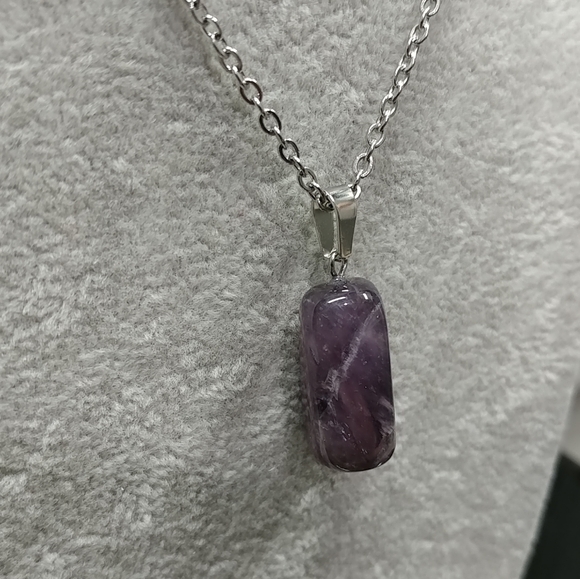 Amethyst Necklace Natural Gemstone Crystal Pendant Stainless-Steel Chain Purple - Picture 5 of 17